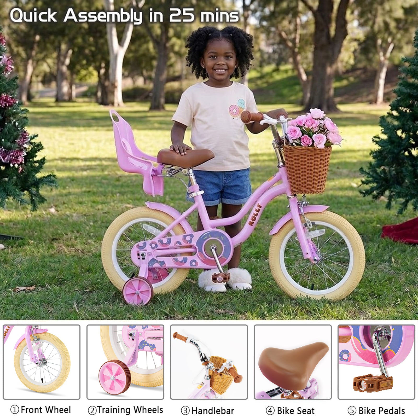 RULLY Donut Girls Bike 12 14 16 Inch Kids Bicycle for Toddlers Ages 3-8 with Training Wheels, Basket & Doll Seat, Retro Cruiser Style, Pink