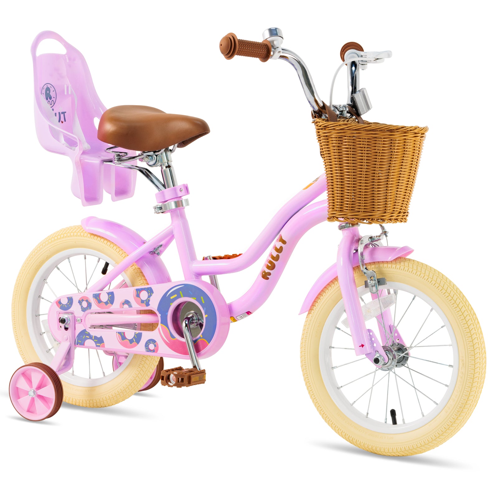 RULLY Donut Girls Bike 12 14 16 Inch Kids Bicycle for Toddlers Ages 3-8 with Training Wheels, Basket & Doll Seat, Retro Cruiser Style, Pink