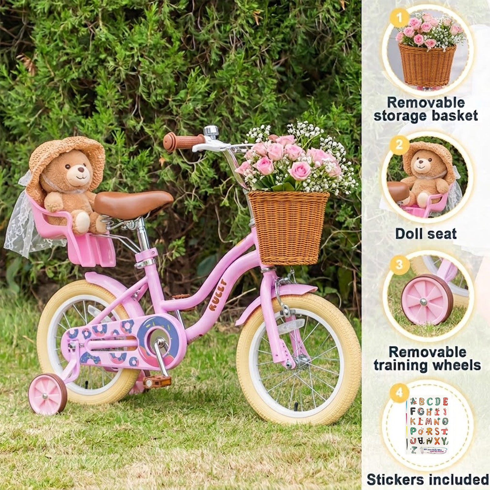 RULLY Donut Girls Bike 12 14 16 Inch Kids Bicycle for Toddlers Ages 3-8 with Training Wheels, Basket & Doll Seat, Retro Cruiser Style, Pink