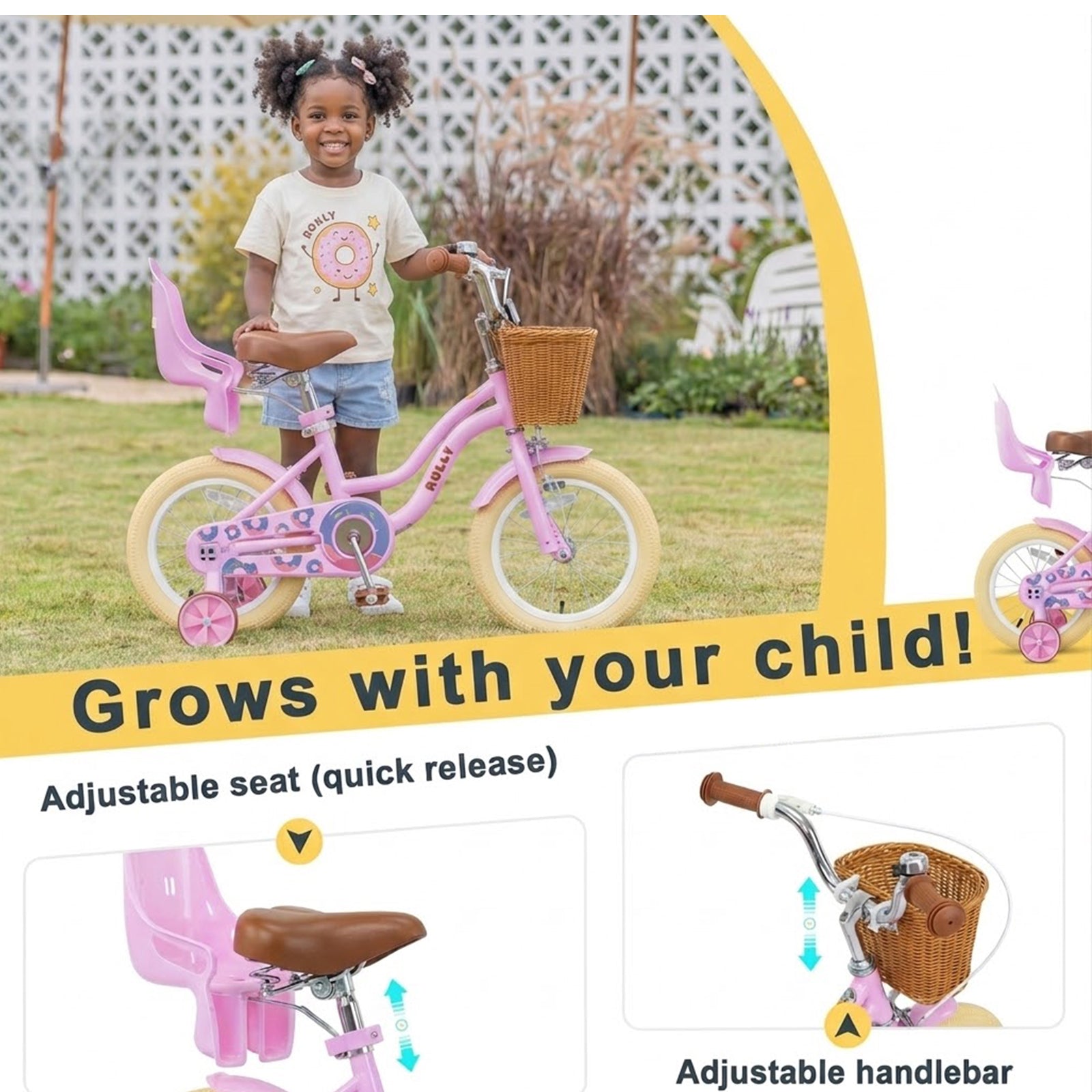 RULLY Donut Girls Bike 12 14 16 Inch Kids Bicycle for Toddlers Ages 3-8 with Training Wheels, Basket & Doll Seat, Retro Cruiser Style, Pink