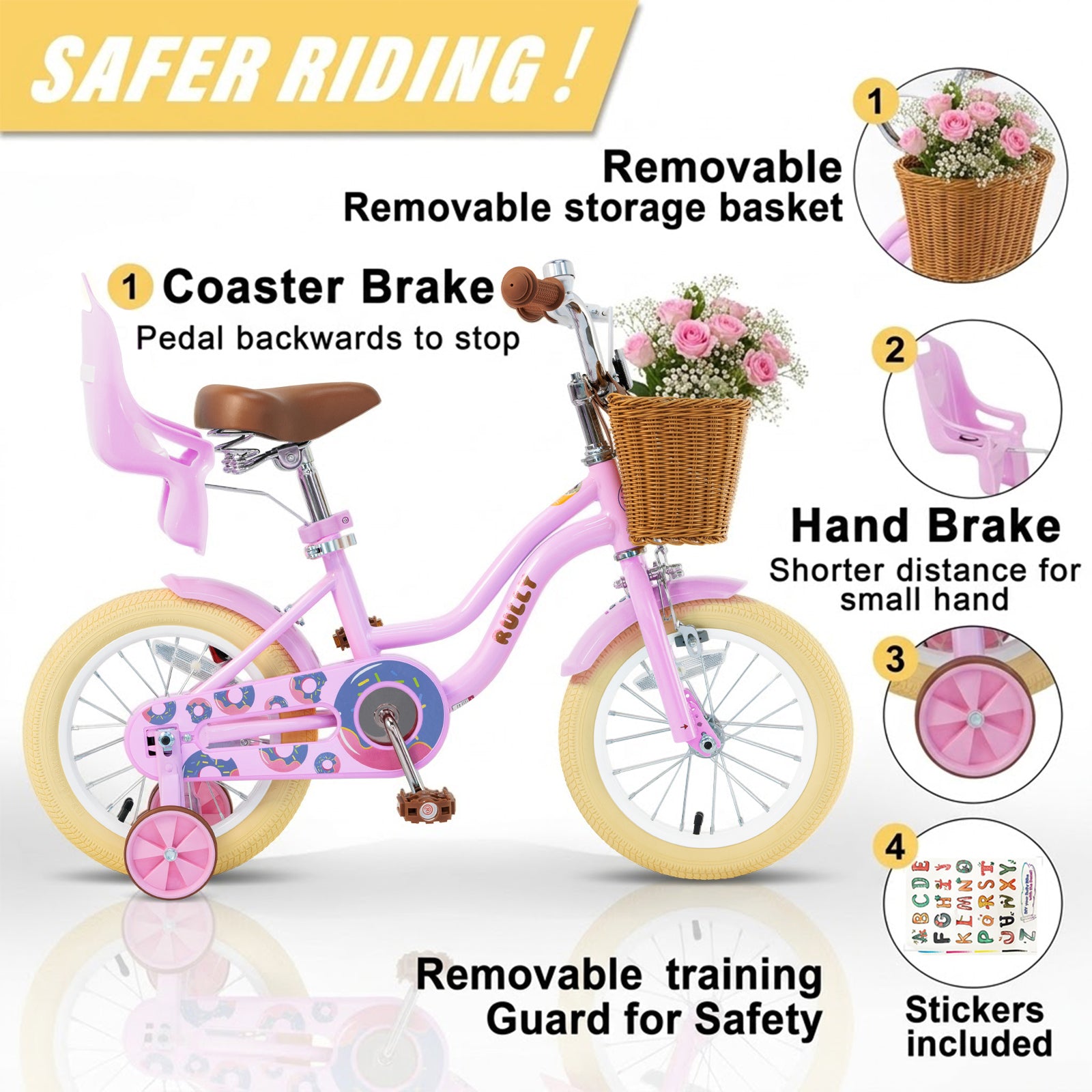 RULLY Donut Girls Bike 12 14 16 Inch Kids Bicycle for Toddlers Ages 3-8 with Training Wheels, Basket & Doll Seat, Retro Cruiser Style, Pink