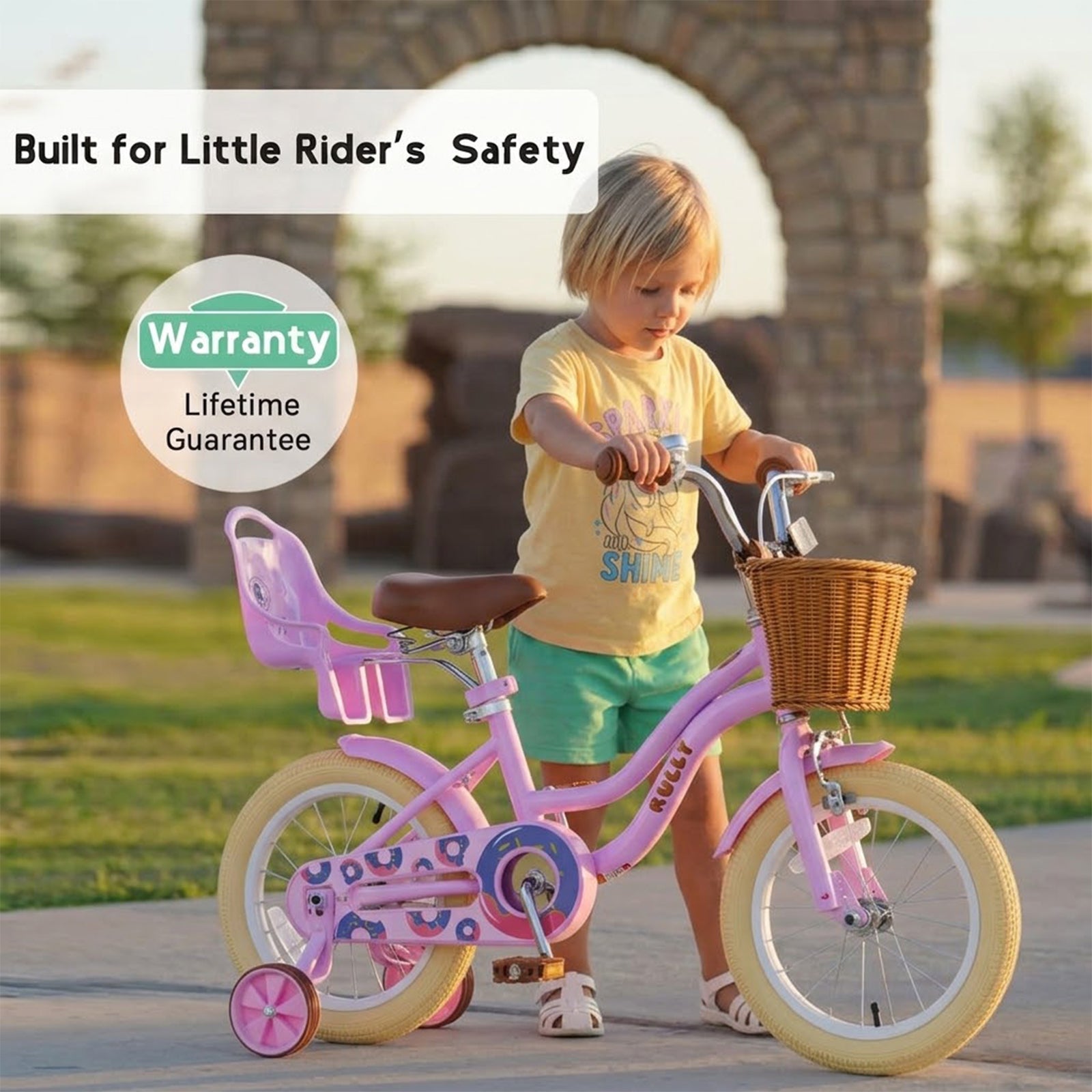 RULLY Donut Girls Bike 12 14 16 Inch Kids Bicycle for Toddlers Ages 3-8 with Training Wheels, Basket & Doll Seat, Retro Cruiser Style, Pink