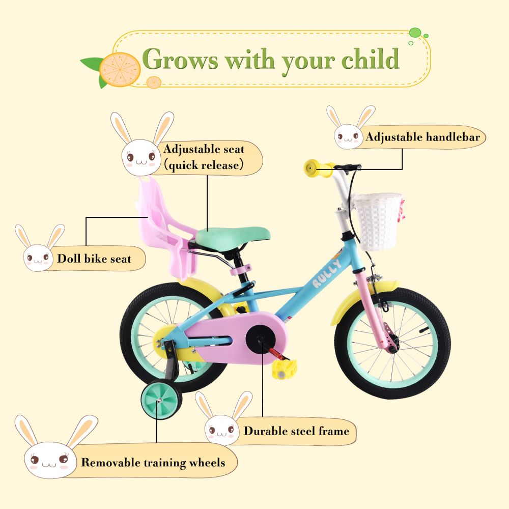 RULLY 12" 14" 16“ Kids Bike for 2-7 Years Girls 33-53 Inch Tall, Girls Toddler Bicycle with Training Wheels & Coaster Brake, Rainbow Bike, Macarons