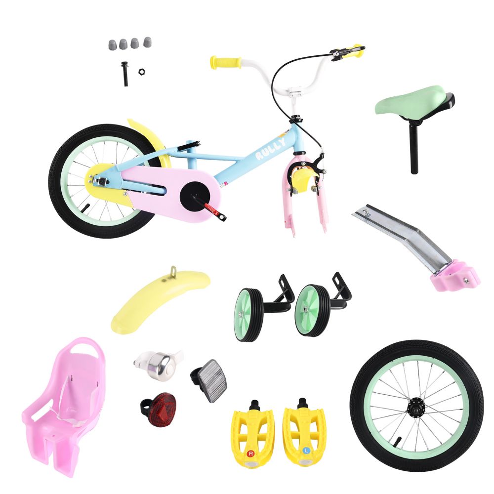 RULLY 12" 14" 16“ Kids Bike for 2-7 Years Girls 33-53 Inch Tall, Girls Toddler Bicycle with Training Wheels & Coaster Brake, Rainbow Bike, Macarons