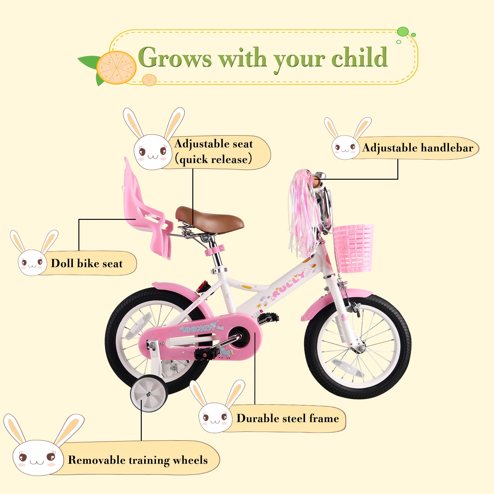 Rully Princess Kids Bike for 2-7 Years with Training Wheels & Front Handbrake