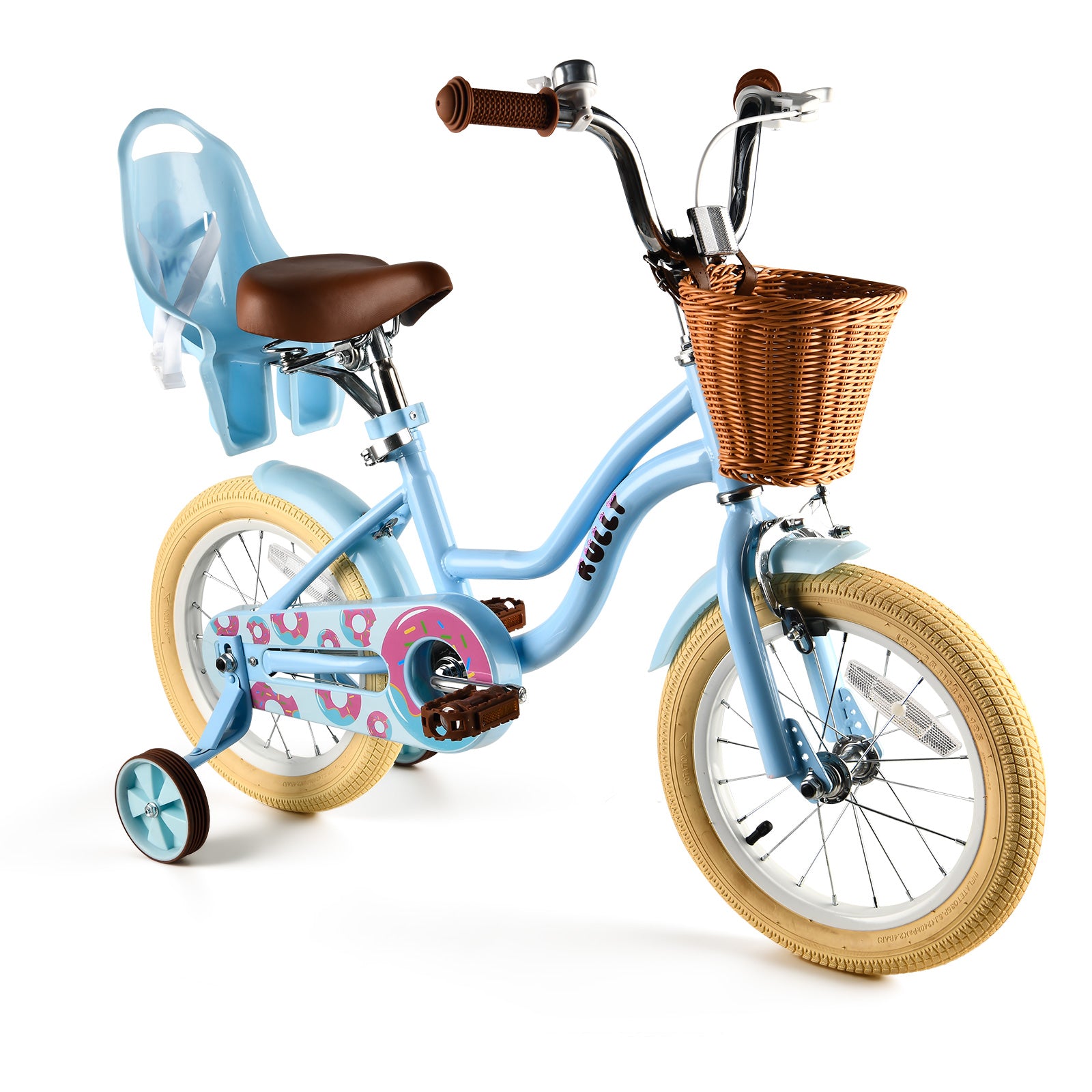 RULLY Donut Girls Bike 12 14 16 Inch Kids Bicycle for Toddlers Ages 3-8 with Training Wheels, Basket & Doll Seat, Retro Cruiser Style, Pink