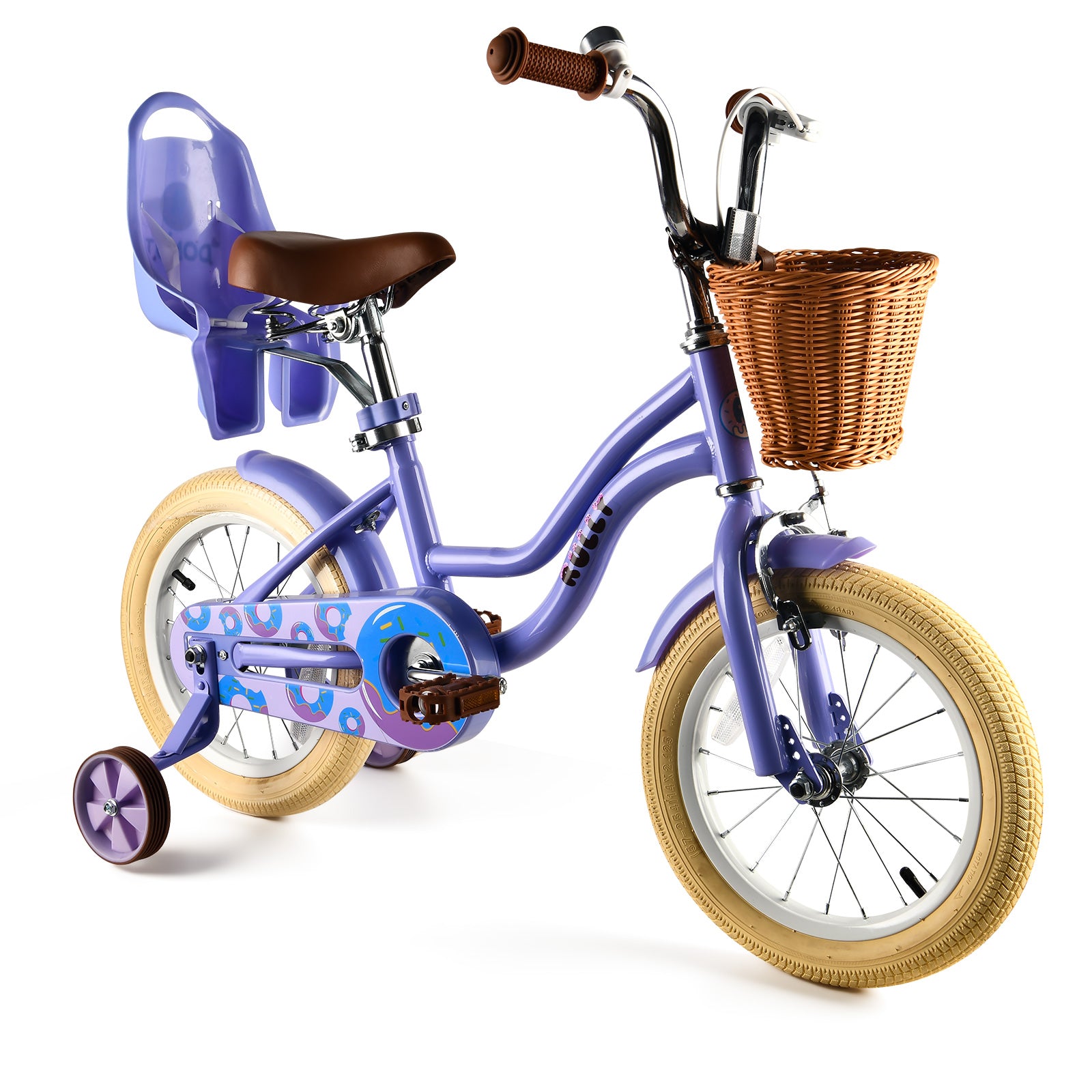 RULLY Donut Girls Bike 12 14 16 Inch Kids Bicycle for Toddlers Ages 3-8 with Training Wheels, Basket & Doll Seat, Retro Cruiser Style, Pink