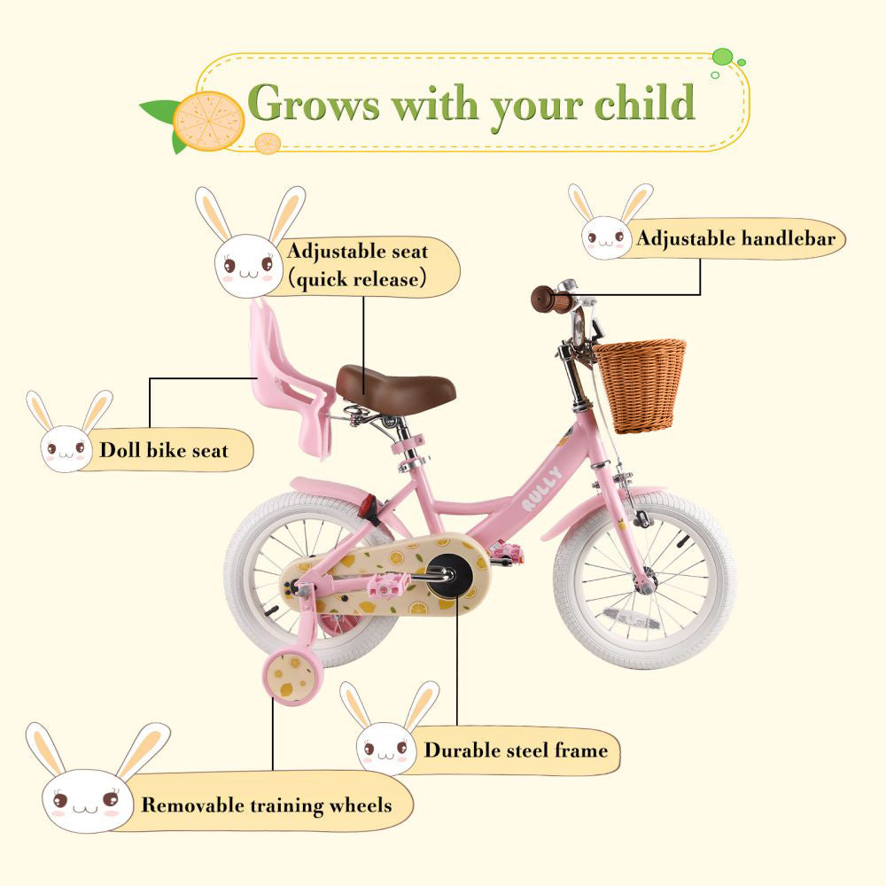 RULLY Lemon Kids Bike 12 14 16 Inch Bicycle for Girls Ages 2-7 Years, Training Wheels Included, Girl Bikes with Basket & Doll Seat