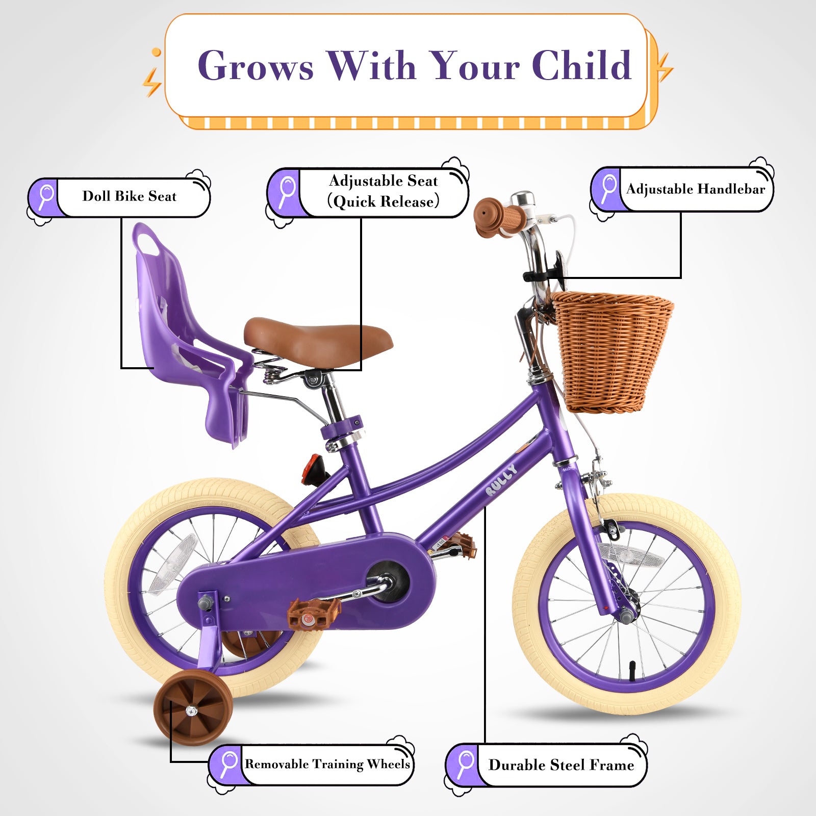 RULLY DONNA KIDS BIKE FOR 2-7 YEARS WITH TRAINING WHEELS & FRONT HANDBRAKE