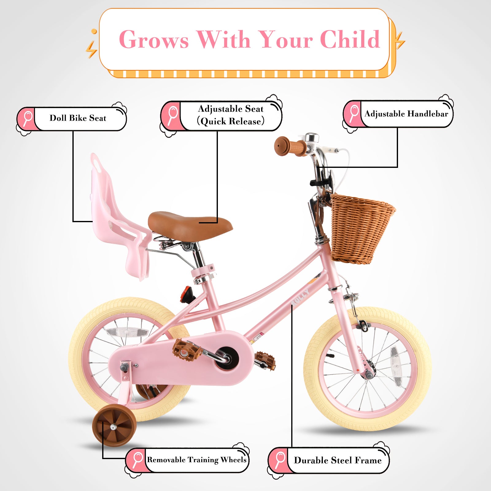 RULLY Donna Kids Bike for 2-7 Years with Training Wheels & Front Handbrake