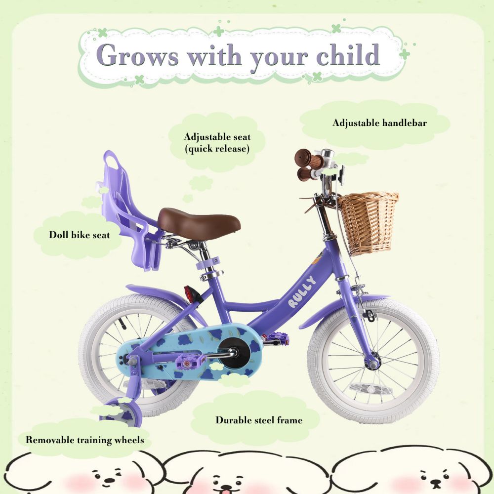 RULLY Grape Kids Bike 12 14 16 Inch Bicycle for Girls Ages 2-7 Years, Training Wheels Included, Girl Bikes with Basket & Doll Seat