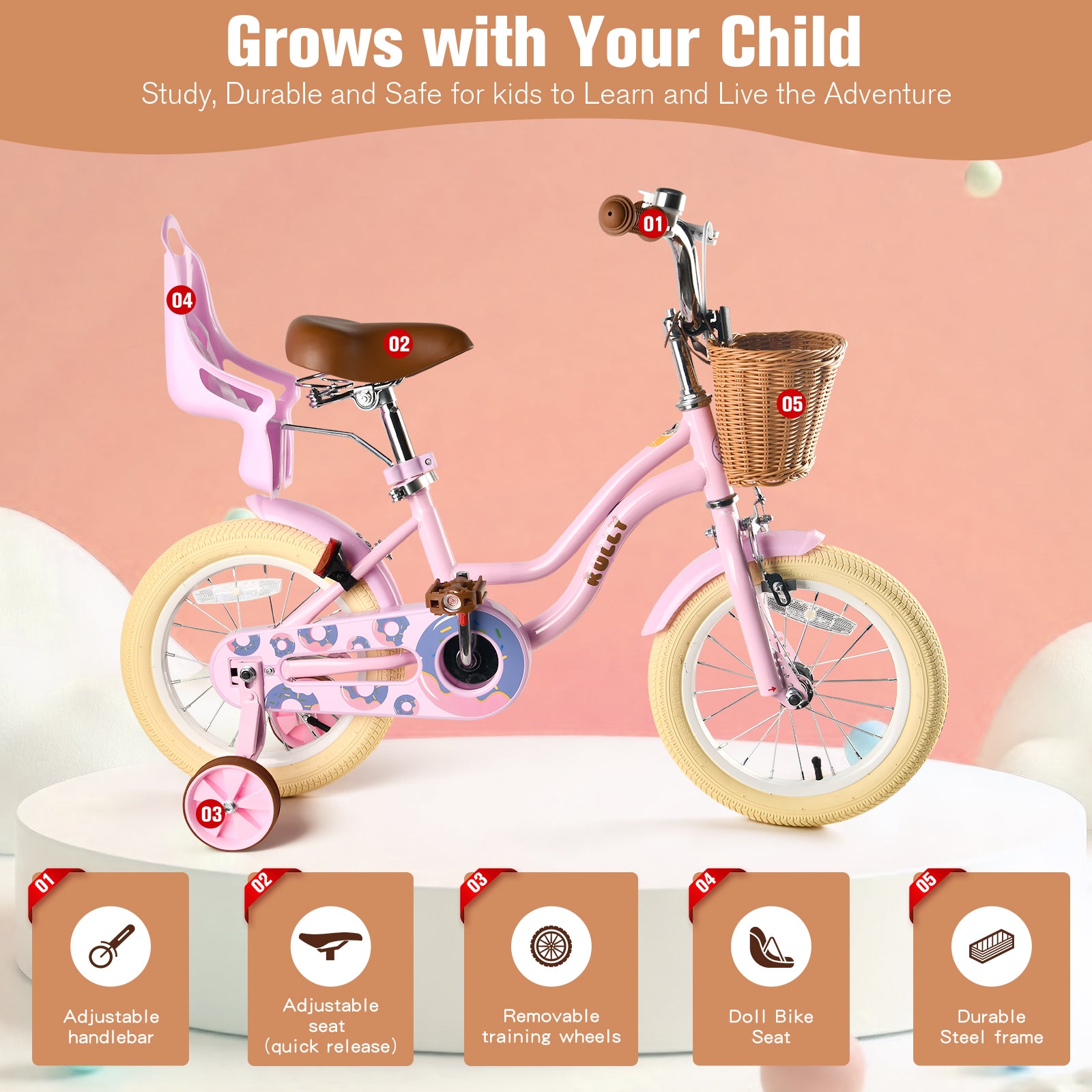 RULLY Donut Girls Bike 12 14 16 Inch Kids Bicycle for Toddlers Ages 3-8 with Training Wheels, Basket & Doll Seat, Retro Cruiser Style, Pink