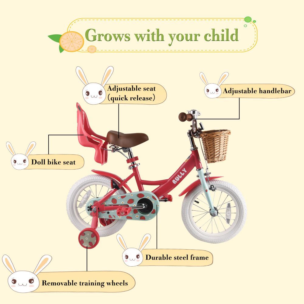 RULLY Strawberry Kids Bike 12 14 16 Inch Bicycle for Girls Ages 2-7 Years, Training Wheels Included, Girl Bikes with Basket & Doll Seat