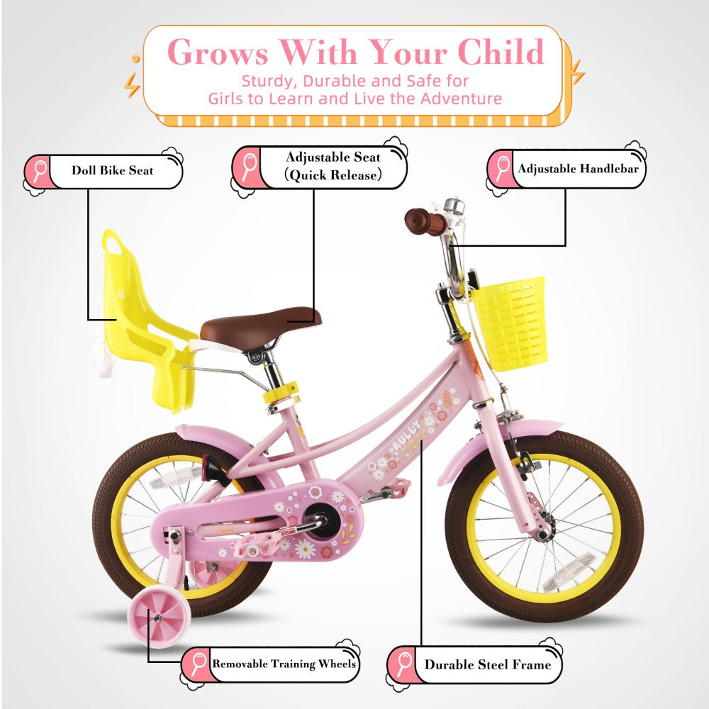 Rully Petal Girls Bike for Toddlers and Kids, 12 14 16 Kids Bike with Basket &Doll Seat for Age 2-7 Years Old Girls, Children's Bicycle ,Pink