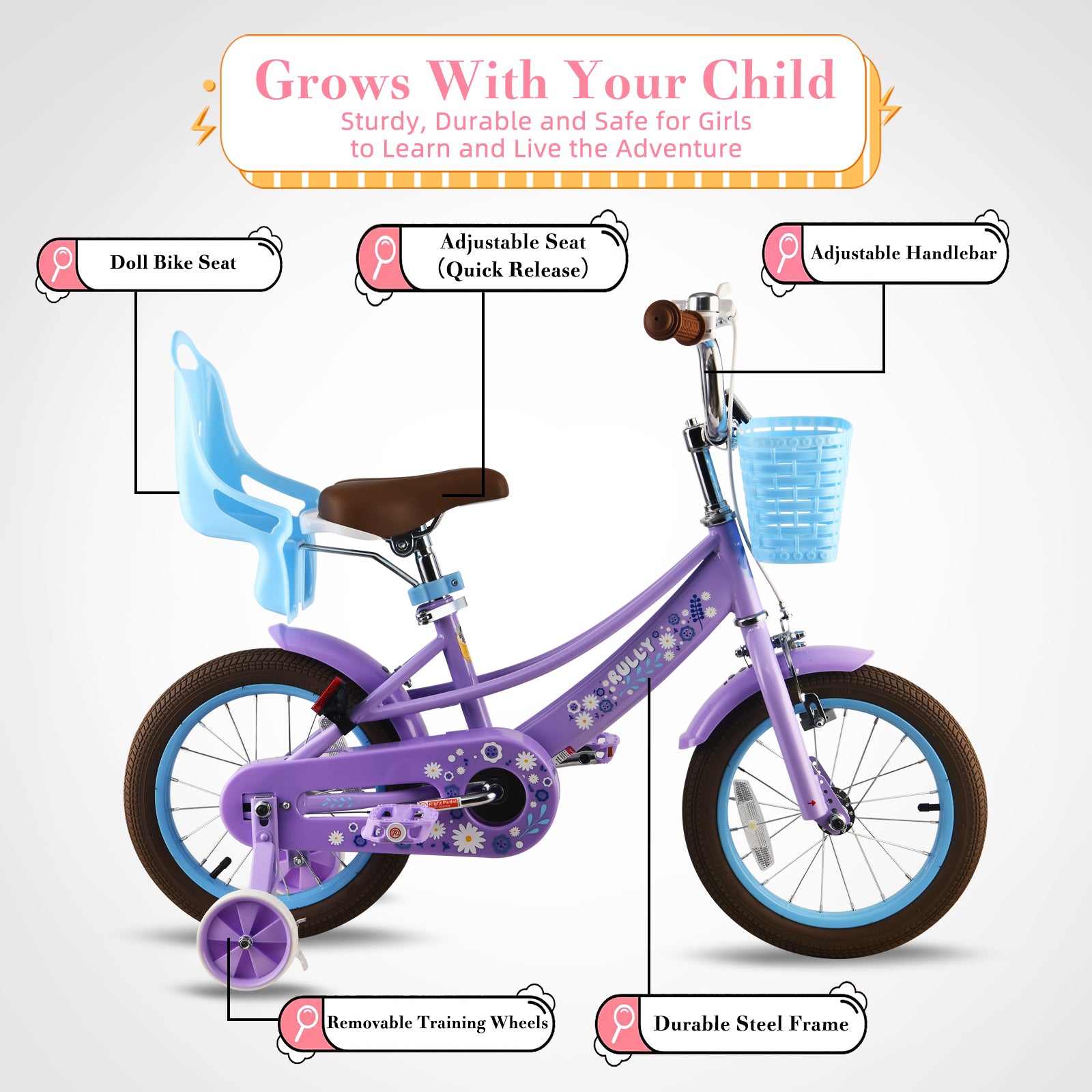 Rully Petal Girls Bike for Toddlers and Kids, 12 14 16 Kids Bike with Basket &Doll Seat for Age 2-7 Years Old Girls, Children's Bicycle ,Purple