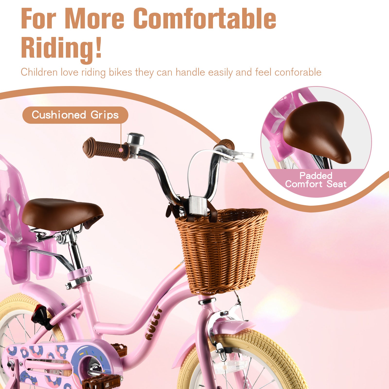 RULLY Donut Girls Bike 12 14 16 Inch Kids Bicycle for Toddlers Ages 3-8 with Training Wheels, Basket & Doll Seat, Retro Cruiser Style, Pink