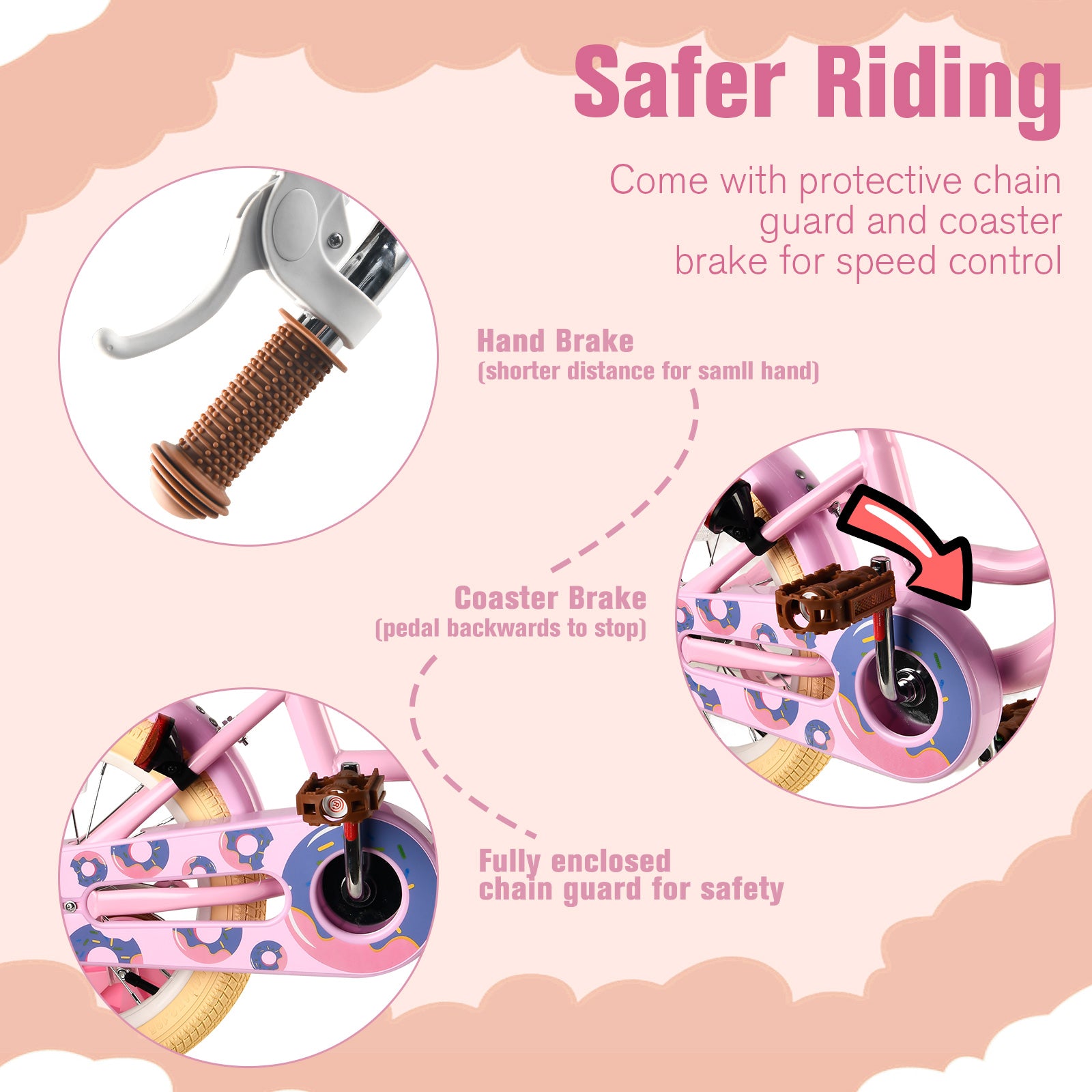 RULLY Donut Girls Bike 12 14 16 Inch Kids Bicycle for Toddlers Ages 3-8 with Training Wheels, Basket & Doll Seat, Retro Cruiser Style, Pink