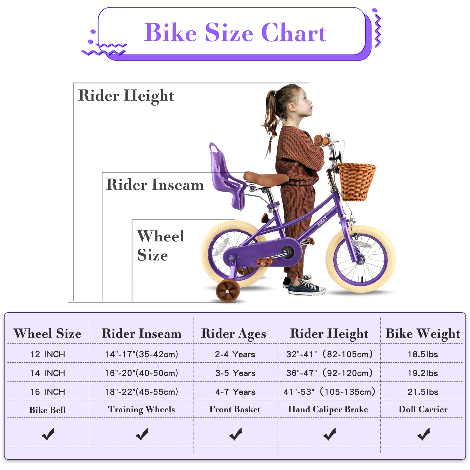 RULLY DONNA KIDS BIKE FOR 2-7 YEARS WITH TRAINING WHEELS & FRONT HANDBRAKE