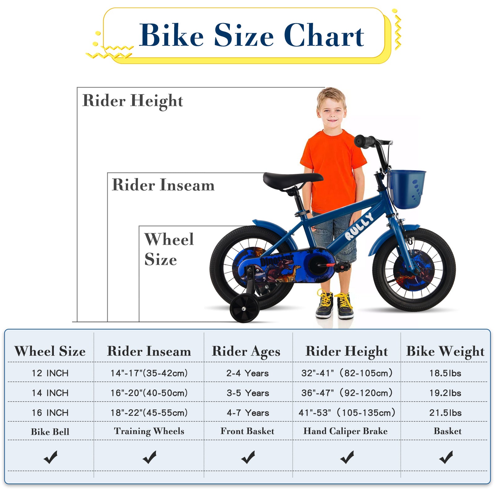 RULLY Dinosaur Kids Bike for Ages 2-7 Years Old Boys, 12 14 16 Inch BMX Style Kid's Bikes with Training Wheels, Blue