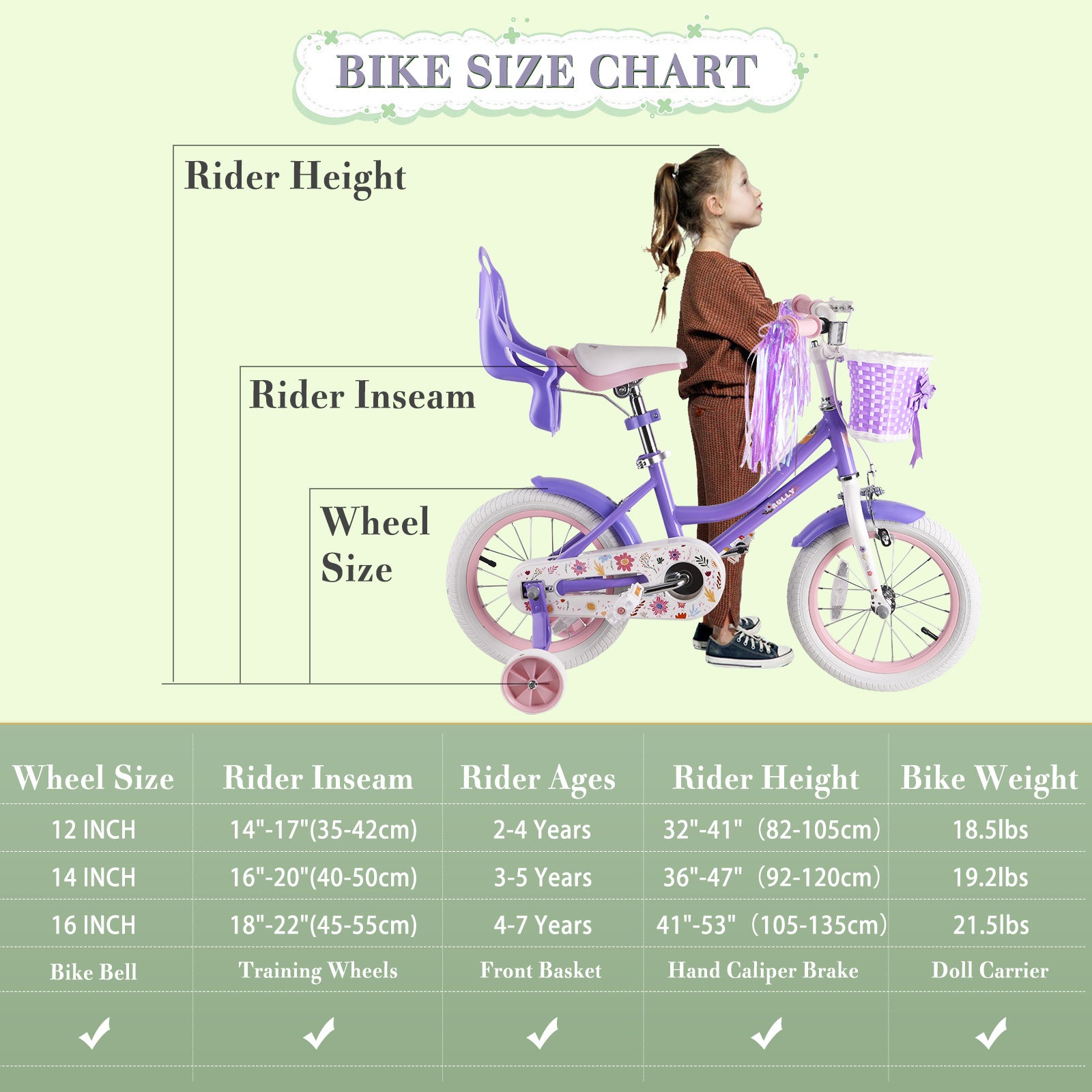 Rully Dasiy Kids Bike for 2-7 Years with Training Wheels & Front Handbrake