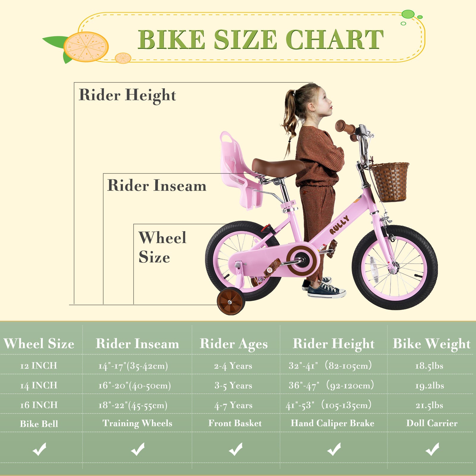 RULLY Retro Kids Bike for 2-7 Years with Training Wheels & Front Handbrake