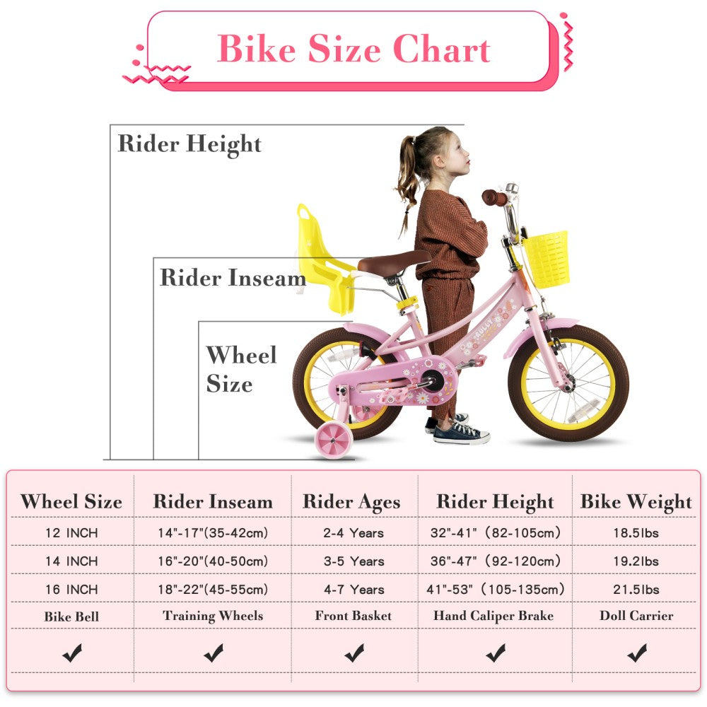 Rully Petal Girls Bike for Toddlers and Kids, 12 14 16 Kids Bike with Basket &Doll Seat for Age 2-7 Years Old Girls, Children's Bicycle ,Pink