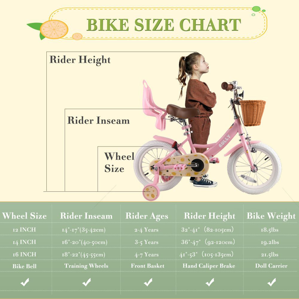 RULLY Lemon Kids Bike 12 14 16 Inch Bicycle for Girls Ages 2-7 Years, Training Wheels Included, Girl Bikes with Basket & Doll Seat