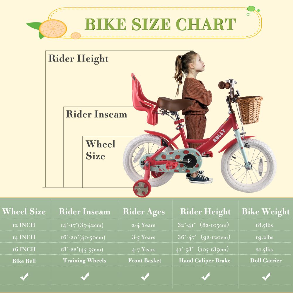 RULLY Strawberry Kids Bike 12 14 16 Inch Bicycle for Girls Ages 2-7 Years, Training Wheels Included, Girl Bikes with Basket & Doll Seat