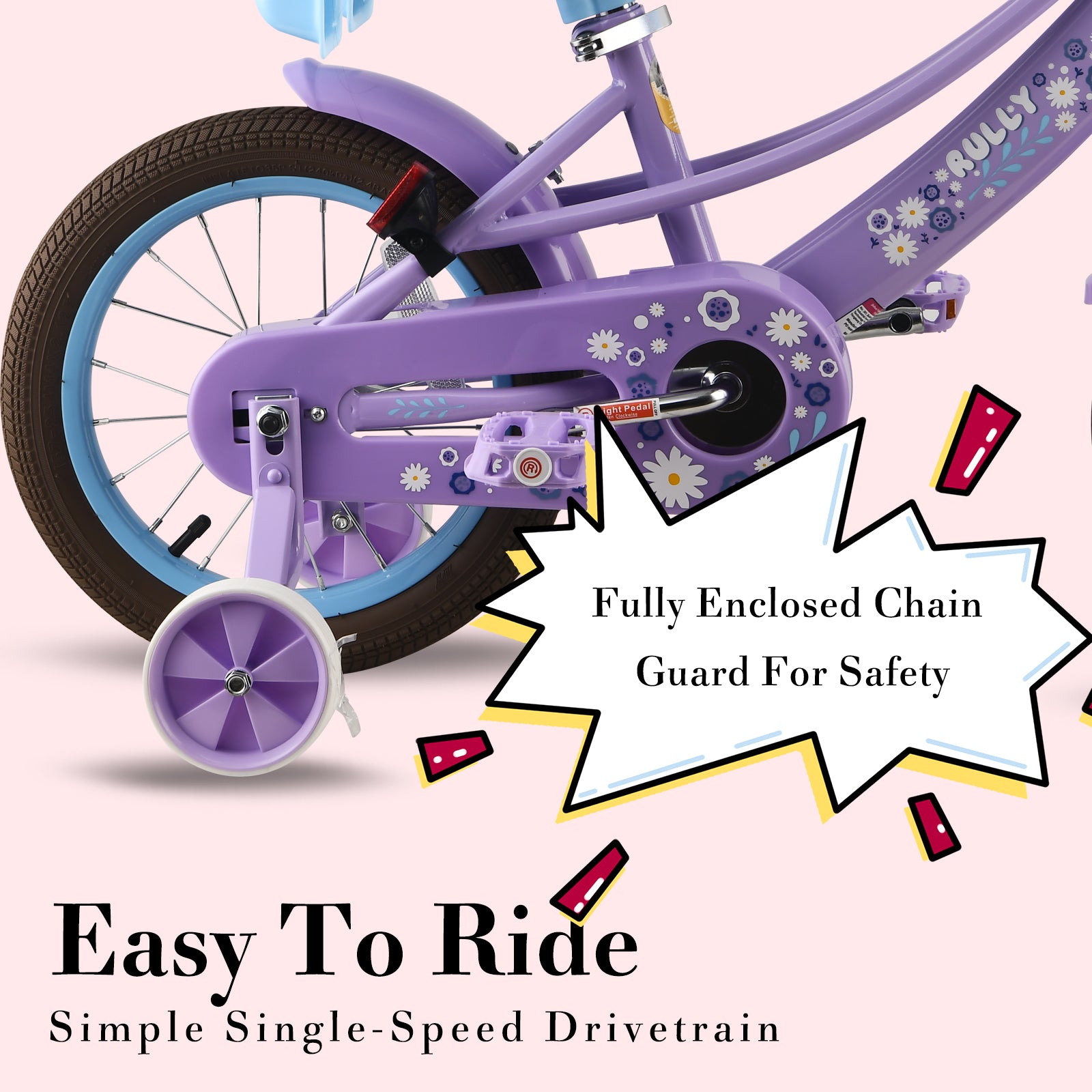 Rully Petal Girls Bike for Toddlers and Kids, 12 14 16 Kids Bike with Basket &Doll Seat for Age 2-7 Years Old Girls, Children's Bicycle ,Purple