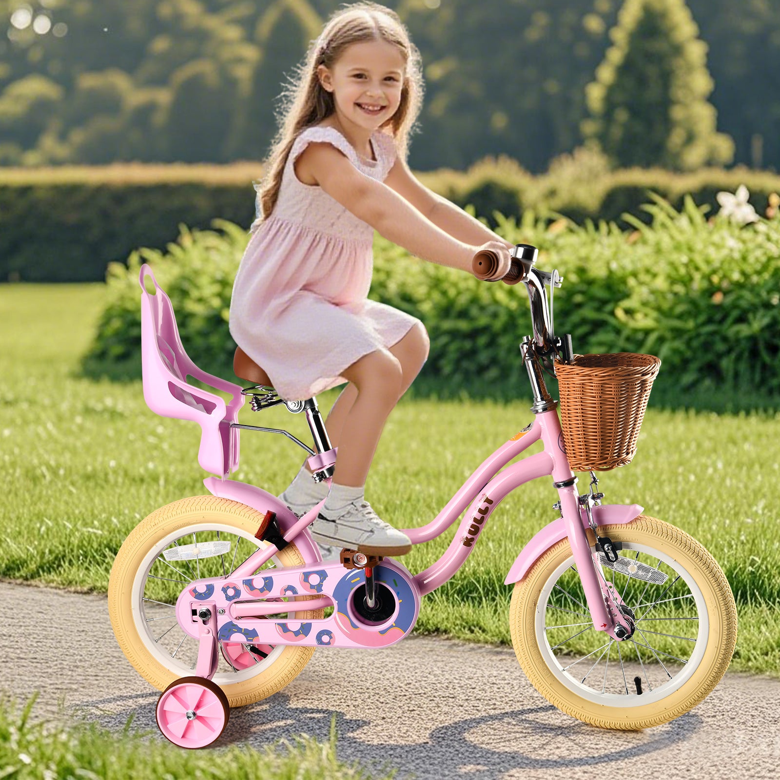 RULLY Donut Girls Bike 12 14 16 Inch Kids Bicycle for Toddlers Ages 3-8 with Training Wheels, Basket & Doll Seat, Retro Cruiser Style, Pink