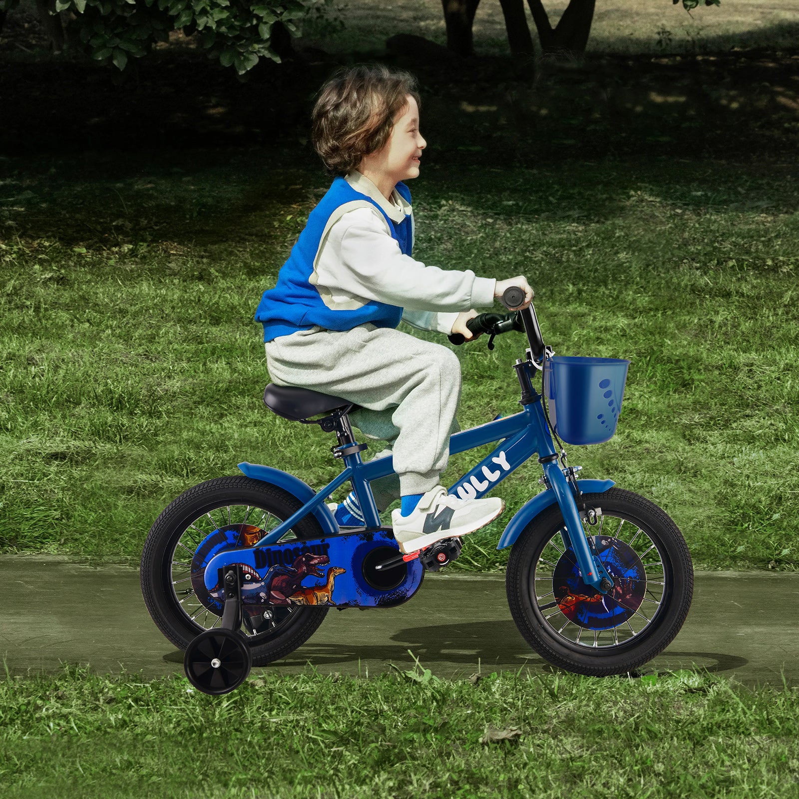 RULLY Dinosaur Kids Bike for Ages 2-7 Years Old Boys, 12 14 16 Inch BMX Style Kid's Bikes with Training Wheels, Blue