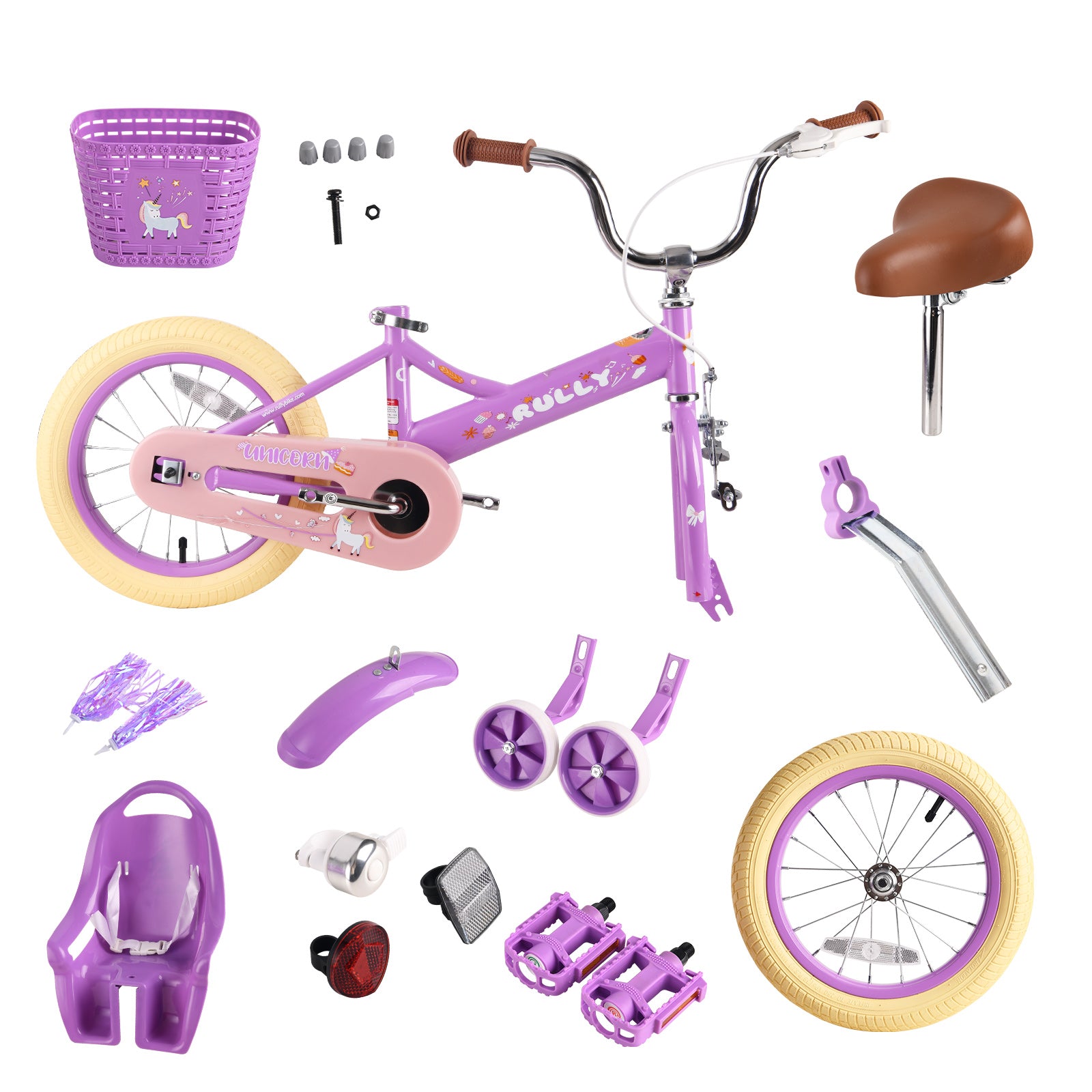 Rully Princess Kids Bike for 2-7 Years with Training Wheels & Front Handbrake