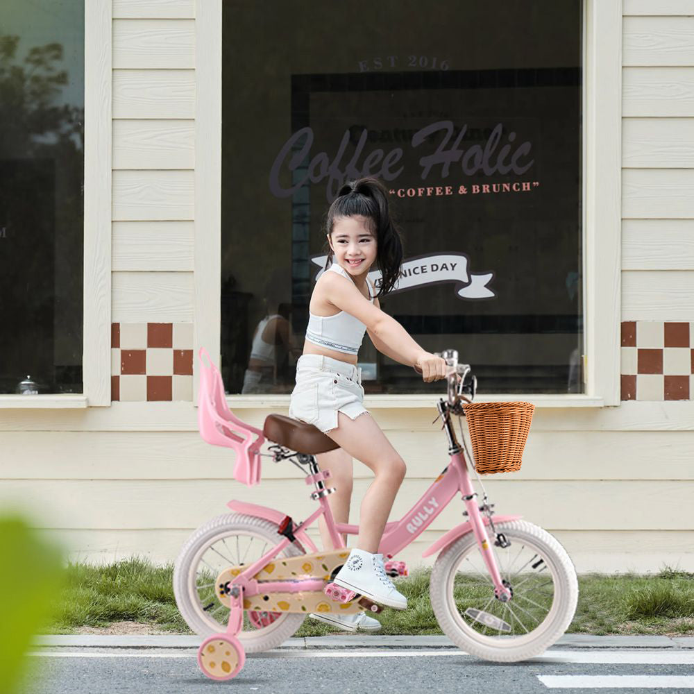 RULLY Lemon Kids Bike 12 14 16 Inch Bicycle for Girls Ages 2-7 Years, Training Wheels Included, Girl Bikes with Basket & Doll Seat