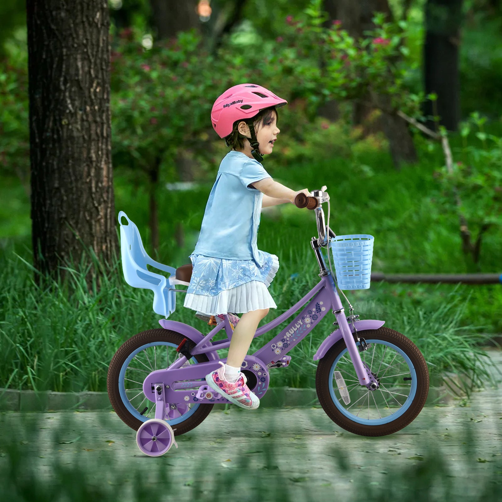 Rully Petal Girls Bike for Toddlers and Kids, 12 14 16 Kids Bike with Basket &Doll Seat for Age 2-7 Years Old Girls, Children's Bicycle ,Purple