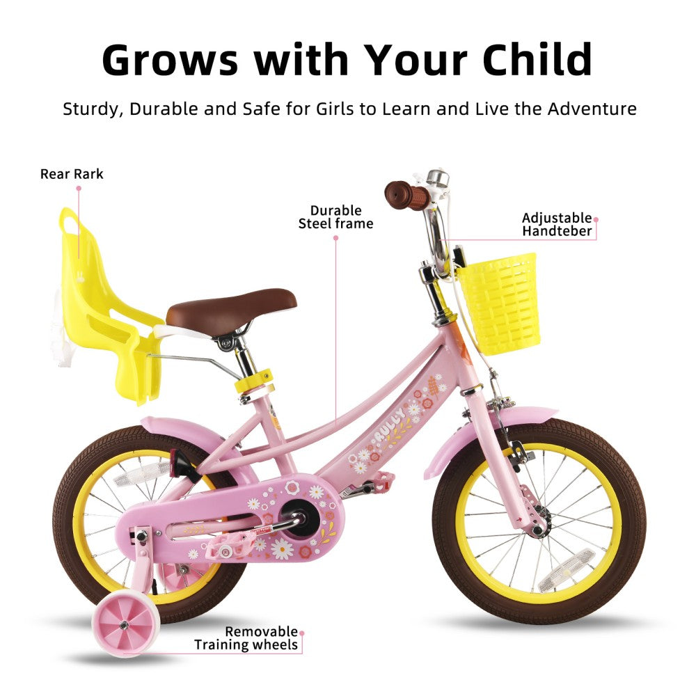 Rully Petal Girls Bike for Toddlers and Kids, 12 14 16 Kids Bike with Basket &Doll Seat for Age 2-7 Years Old Girls, Children's Bicycle ,Pink